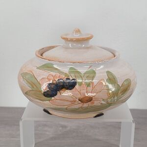 Signed Hobbyist Ceramic Stoneware Round Lidded Pottery Lidded Dish Floral